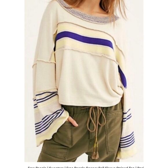 Free People Baggy Top Striped Womens Medium Oatmeal Beige Bell Sleeves Boxy Boho - Picture 1 of 11